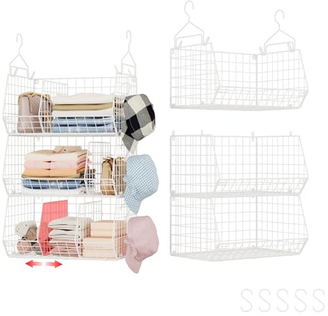 3 Tier Extra Large Closet Hanging Shelves with Divider, 16.5L x 11.8W x 33.6H Closets Organizers and Storage with 5 S Hooks, Clothes Organizer for Sweaters Shoes Handbags Clutches Accessories-White