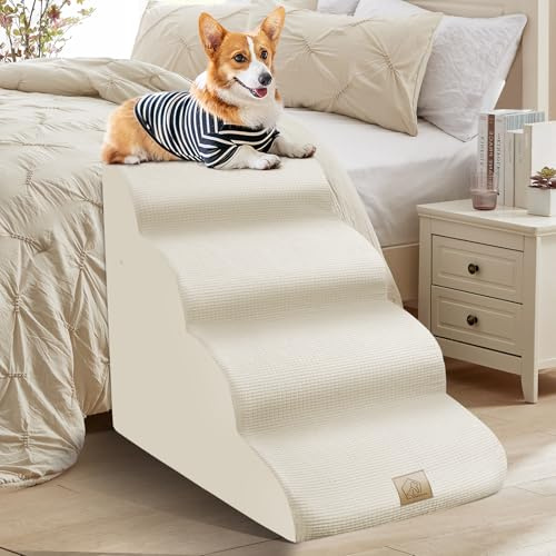 Mestuel Dog Stairs for High Bed 20''H, Pet Stairs for Small Medium Large Dogs Cats, Foam Pet Stairs Ramp Indoor with Non-Slip Bottom, 4-Tier Dog Steps Hold Up to 60 lbs, Beige