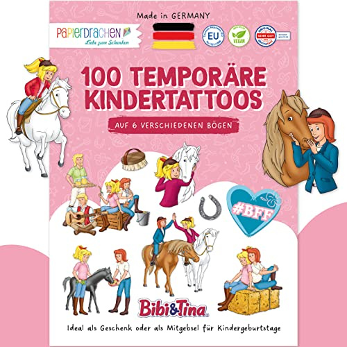 Papierdrachen 100+ Tattoos für Mädchen - hautfreundliche Kindertattoos - Bibi & Tina - Tattoos für Kinder - Geschenkidee & Mitgebsel - 100% vegan & dermatologisch geprüft - Set 11