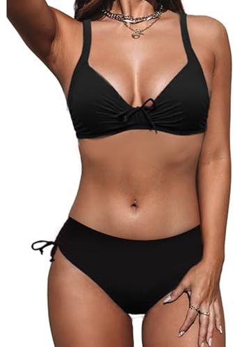JFAN Costume da Bagno Donna Due Pezzi Costumi Mare Donna Sexy con Coulisse Bikini Push Up(Nero,M)