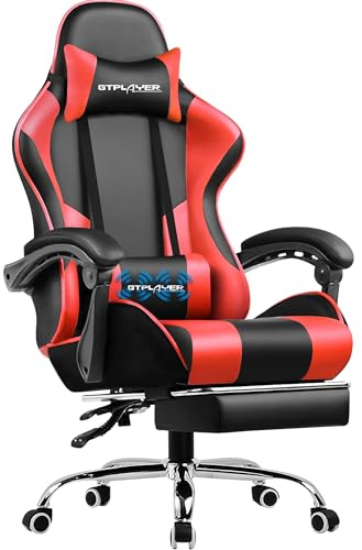 GTPLAYER Spelstol, massage ergonomisk datorstol med fotstöd och ländryggsstöd justerbar spelstol med 360° svängbart säte och nackstöd för kontor Röd
