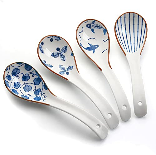 IQCWOOD Cucharas de sopa de porcelana, cucharas de sopa asiáticas de 6.2 pulgadas, cucharas de ramen, cucharas de sopa japonesas para Pho, Wonton, fideos, cucharas de arroz de cerámica china, juego de