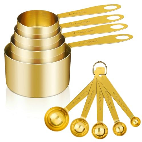 Cuteefun Messbecher und Messlöffel, 8 Stück, Edelstahlgriff mit Metrischen Und Us-Maßen, Goldene Polierte Oberfläche, Cup Messbecher für Trockene und FlüSsige Zutaten, Zum Backen und Kochen (Gold)