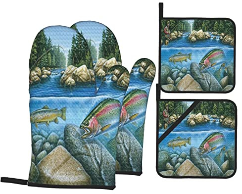 Oven Mitts and Pot Holders Sets of 4,Fish Fishing Fly Fishing Tackle Angling Stream River Wildlife Nature Fisherman Waterfall Rock,Resistant Hot Pads with Polyester NonSlip BBQ Gloves for Cooking