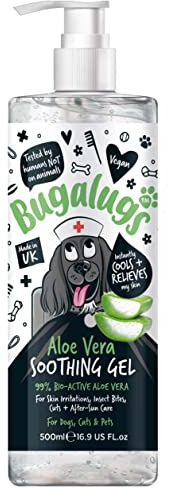 BUGALUGS Aloe Vera Gel for dogs & cats 500ml - soothing itchy dog skin relief, 99% pure bio active aloe vera is a great dog moisturiser for dry skin, stings, insect bites & after sun care for pets