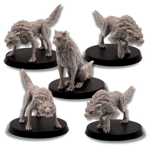 Fantasy Wolves Miniatures Set – 5 Wolf Figures for Tabletop RPGs | 28mm Scale Animal Models | DnD, Pathfinder, Wargames | Epic Miniatures Licensed | Resin Unpainted Figures Collectors & Gamers