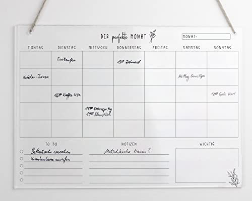 Monatsplaner A3 Acryl | Monatskalender | Wandplaner für den Monat abwischbar | Wandkalender undatiert | To Do Liste | Acrylglas (A3)