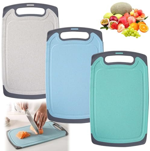 3 Stück Schneidebrett Set: Antibakteriell und rutschfest Weizenstroh Schneidebrett, Frühstücksbrettchen mit Aufhängeloch, Schneidebretter für Obst, Gemüse, Fleisch usw