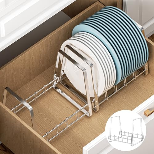 GGQ Tellerhalter Schrank, Edelstahl Tellerständer Schrank, Teller Organizer Schrank, Küche Teller Organizer Schublade, Silber Abtropfgestell Geschirr, Pfannen Organizer Schublade für Platte Topfdeckel