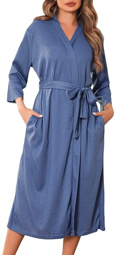 Wikoan Waffelpique Bademantel Damen Sauna Bademantel Damen Leicht Morgenmantel Kimono Hausmantel lang V-Ausschnitt Dünner Bademantel Blau XXL