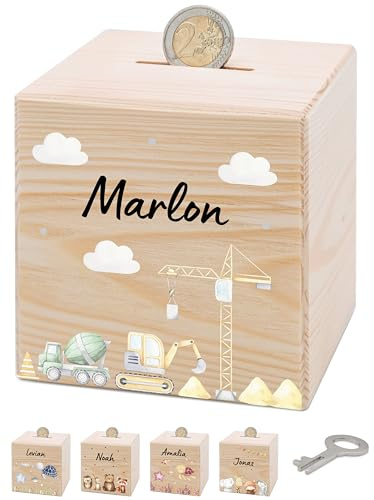 Bärenfreunde® - Personalisierte Spardose Kinder aus Holz mit Metallschloss - Spardose mit Namen mit kinderfreundlichem UV-Druck zum Sparen für Kinderträume (Baustelle)