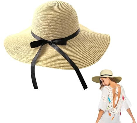 UILYNIU Damen Strohhut mit Breite Krempe - Faltbarer Sommerhut für Strand und Sommer, Khaki