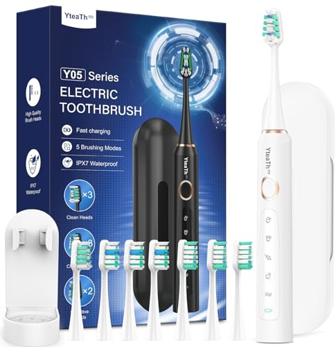 Spazzolino Elettrico Sonico per Sbiancante Denti - Spazzolino Denti Sonico Adulti con 8 Testine e Custodia da Viaggio Custodia, 5 Modalità, IPX7, Spazzolino Elettrico da Viaggio Ricaricabile, Bianco