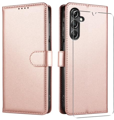 JUNETOP Cover per Samsung Galaxy A18/A17/A16/A26 5G/4G con Vetro Temperato | Custodia a Libro in Pelle Sintetica, Oro Rosa