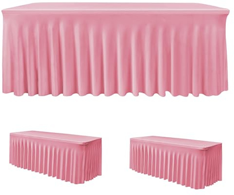 HolidayIdeas 2 Pack Spandex Table Skirts for 6 ft Folding Table, Stretch Rectangle Tablecloth for Wedding, Banquets, Parties, Pink, 30x72 Inch