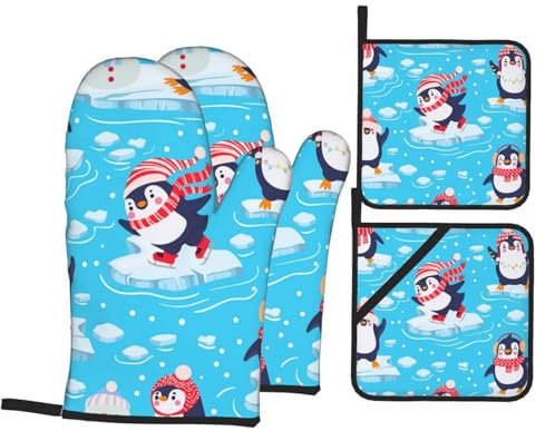 Ofenhandschuhe und Topflappen-Set, niedliche Pinguine, Eis, Ozean, hitzebeständig, Küchen-Backhandschuhe, rutschfeste Oberfläche zum Kochen, Backen, Grillen, Grillen