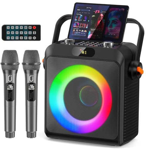 HWWR Karaoke Machine with 2 Wireless Microphones, Bluetooth 5.3 Karaoke Speaker with Upgraded Subwoofer, Bass Boom, PA System for Home Party, Outdoor Gatherings, Support TV, AUX, USB, TF Card, Live