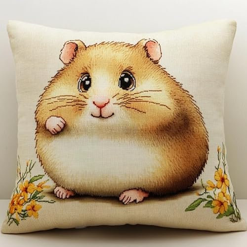 XDEGHUANGSS Latch Hook Kit Komplettset,Knüpfset für Kissen,43x43 cm,mit Garn & Werkzeug,Webrahmen DIY Starterpaket für Erwachsene,Einfaches Handarbeit-Projekt,Cartoon-Hamster