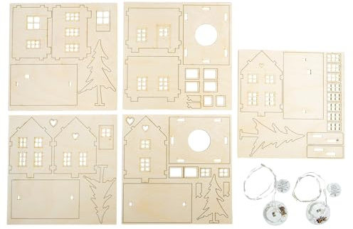 Rayher Holzbausatz Lichterhäuser,FSC Mix Credit, natur, 7-10cm,46tlg, +LEDLichterkette, Box 1Set, 46793505