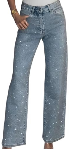 XUANXUANQZ Jeans A Gamba Dritta con Dettagli in Strass, Jeans A Gamba Dritta da Donna con Strass, Pantaloni in Denim Elasticizzati A Vita Alta con Strass