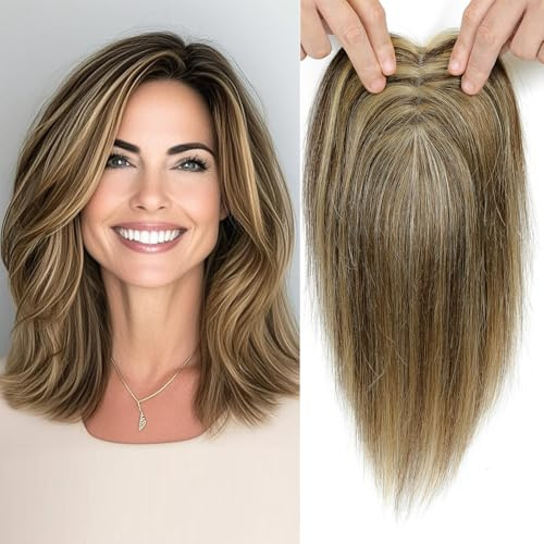 Haar Topper für Frauen, 100% Remy-Menschliches Haar ohne Pony, 120% Dichte Schweizer Basis Clip-In Topper 7x10CM Haarverlängerungen 10 Zoll (4/27#)