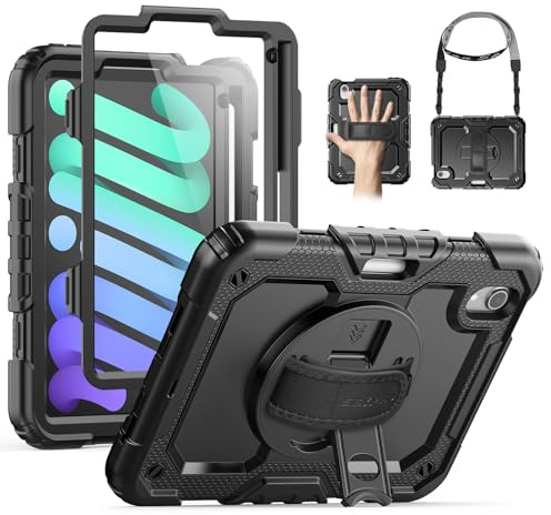 SEYMAC Hülle für iPad mini 7 (A17 Pro)/Mini 6 8,3 Zoll 2024/2021, Schwarz | Stoßfeste Hülle mit Displayschutzfolie, 360°Drehbarem Ständer, Handschlaufe, Schultergurt, Stifthalter, Arbeit/Outdoor&Alltag
