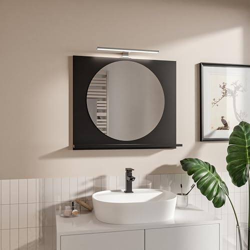HAJDUK FURNITURE Badspiegel mit Beleuchtung und Ablage Schwarz H:60 x B: 70 cm Rund Spiegel ⌀55 cm Bathroom Mirror Moderner Badezimmer Spiegel Rechteckig Wandspiegel mit Regal