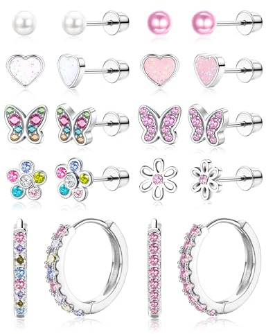 LOLIAS 10 par barnörhängen flickor allergivänliga medicinska örhängen och kreoler för flickor kirurgiskt stål rosa pärla hjärta blomma fjäril barnörhängen silver/guld, Klein