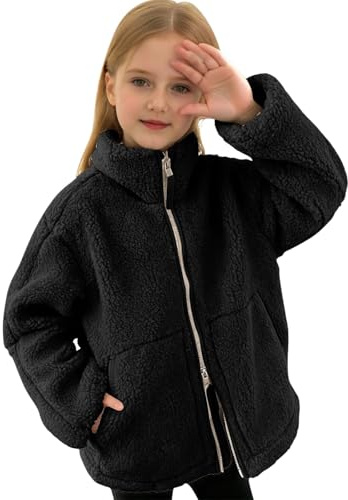 Teddyjacke Kinder Mädchen Winterjacke Zwei Wege Reißverschluss Teddy Fleecejacke Einfarbig Full Zip Stehkragen Wintermantel Dick Outdoor Warme Wolljacke mit Taschen Flauschig Plüschjacke Fleecemantel