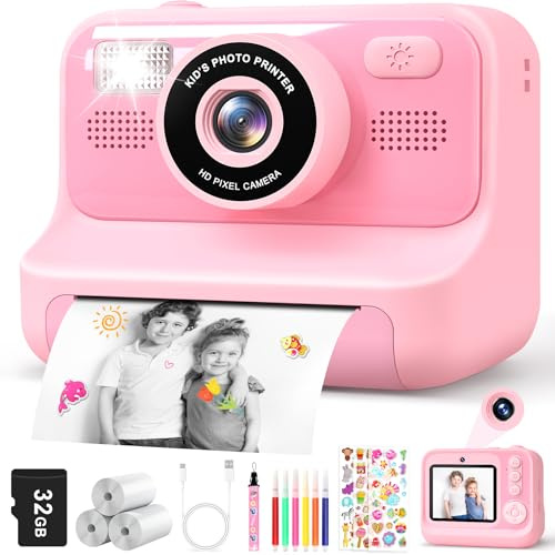 Appareil Photo Instantané Enfants, 2.4 Écran Selfie Appareil Photo instantané Enfant avec Carte de 32GB & 3 Rouleaux de Papier d'impression, Jouet Cadeau Noël Fille Garcon 3 à 12 Ans