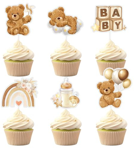 24-pack Kakdekorationer Baby Shower, Brun Björn Tårttopper för Pojkar, Könsavslöjande Dekorationer, Födelsedag och Björntema Festdekorationer