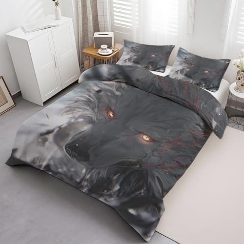 Générique Housse de Couette 240 x 260 Loup Noir Imprimé, Parure de lit Style Anime Réversible Microfibre avec Fermeture Éclair, 2 Personnes, Ensemble de Literie 3 Pièces et 2 Taies d'oreiller L147p