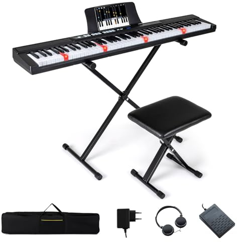 COSYWAY Keyboard Piano 88 Tasten mit Ständer & Hocker, Digitalpiano mit Kopfhörer, & Tragetasche & Sustain-Pedal, E Piano mit 128 Rhythmen, 128 Tönen & 80 Demos, für Anfänger (Schwarz)
