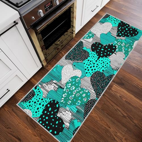 Generisch Türkis Herz Teppich Läufer 80x150 cm, Abstrakt Liebe Läufer Flur für Küche Schlafzimmer Wohnzimmer, Modern Küchenläufer Waschbar rutschfest, Kurzflor Teppichläufer TkR42J