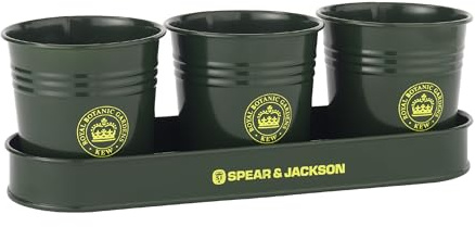 Spear & Jackson Kew Gardens Urban Oasis Set de 3 Pots avec Plateau, Jardinière Intérieure en Acier Galvanisé pour Herbes, Semis et Bulbes, Vert