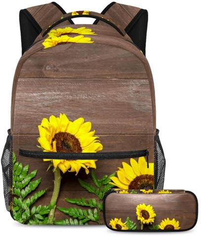 VAPOKF School Bag Set for Teen Girls Boys, Student Bookbag Backpack Rucksack with Pencil Case for School - Sunflowers Fern Leaves on Wooden Texture Background