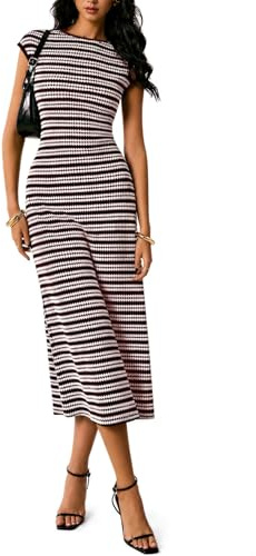 Okdance Womens Striped Bodycon Dress, Ribbed Knit Short Sleeve Slim Fit Summer Dress, Elegant Casual Stretchy Pencil Dress