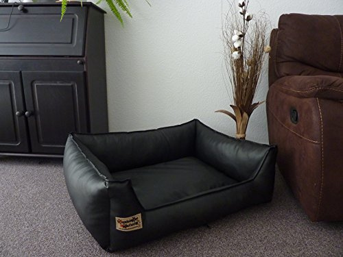 Hundebettenmanufaktur Hundebett Hundesofa Schlafplatz Kunstleder Similpelle 90 cm X 70 cm schwarz | Formstabil, Pflegeleicht, Größe wählbar von XS bis XXL