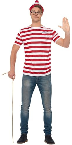 Smiffys Disfraz de ¿Dónde está Wally?, Rojo y blanco, con camiseta, gorra y gafas Halloween, Carnaval