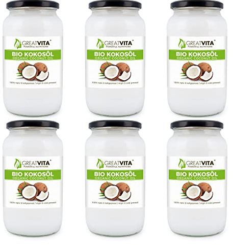 GreatVita Bio Kokosöl, nativ, (6 x 1000 ml) im Glas zum Kochen Braten Backen Hautpflege