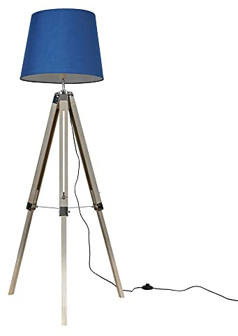 MiniSun | Modern Distressed Wood and Silver Chrome Tripod Floor Lamp with a Navy Blue Tapered Light Shade | Floor Lamps, Home Décor & Improvement Essential | Includes Bulb [3000K Warm White]