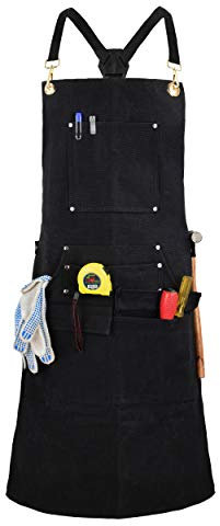 QeeLink Grembiule da Lavoro per Carpentiere con 10 Tasche, Grembiule Saldatura Tela Ignifugo con Cinturino Incrociato sul Retro, Grembiule Falegname Regolabile da M a XXXL per Artigiano e Officina