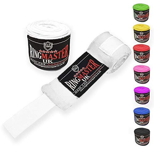 Ringmaster Boxbandagen, Knöchelschutz, Daumenschlaufe, MMA, Kickboxen, Muay Thai, Kampfsport, Innenhandschuhe, Fitnessstudio, weiß