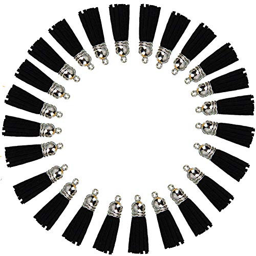 Schlüsselanhänger Quasten Leder Quasten Anhänger mit silberweißen Kappen, Quasten-Anhänger für Schmuckherstellung, Schlüsselanhänger, Armbänder, Ringe, Basteln, 30 Stück (3,8 cm, blau) (schwarz)