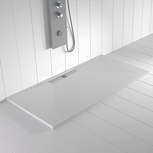 Plato de ducha Resina WIDE Blanco RAL 9003-80x190 – Textura Pizarra – Antideslizante – Incluye rejilla y sifón