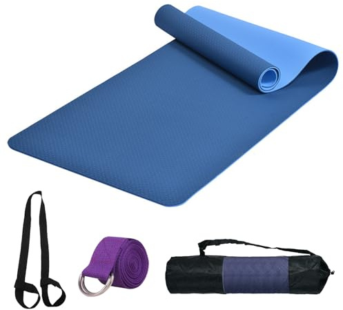 Esterilla Deporte Yoga Pilates Fitness Colchoneta TPE Gimnasia Antideslizante Esterilla yoga con líneas 183x61cm con Funda (Azul)