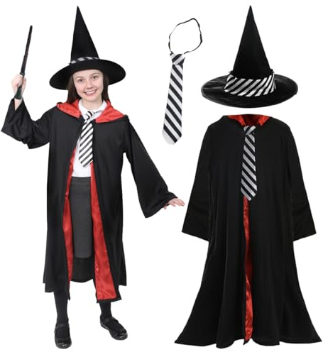 Girls School Witch Costume - X-Large - Black Cape with Matching Hat and Black & White Striped Tie - World Book Day Fancy Dress Costume