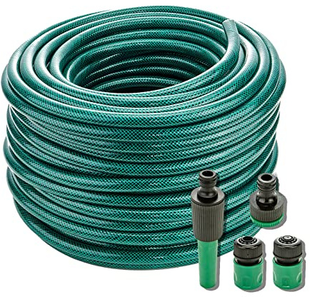 HOMECALL 50 Metre Reinforced PVC Garden Outdoor Water Hose Starter Set with Fittings and Spray Gun