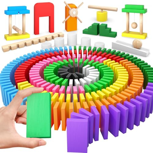PEBIRA Large Dominoes for Kids, Wooden Dominos Set Include 200 PCS Colorful Domino Blocks, 10 Add-on Tricks and 1 Storage Bag, Bulk Building Dominoes, Kits Gift for Boys Girls Adult