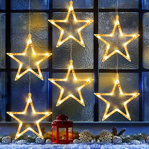 ELKTRY Weihnachtsdeko mit 6 Sterne, 2 Stück 60 LEDs Fensterdeko Stern mit timer, Memory Funktion Innen Batterie Warmweiß Weihnachtsstern Beleuchtung Außen für Fenster, Kinderzimmer, Baum, Balkon
